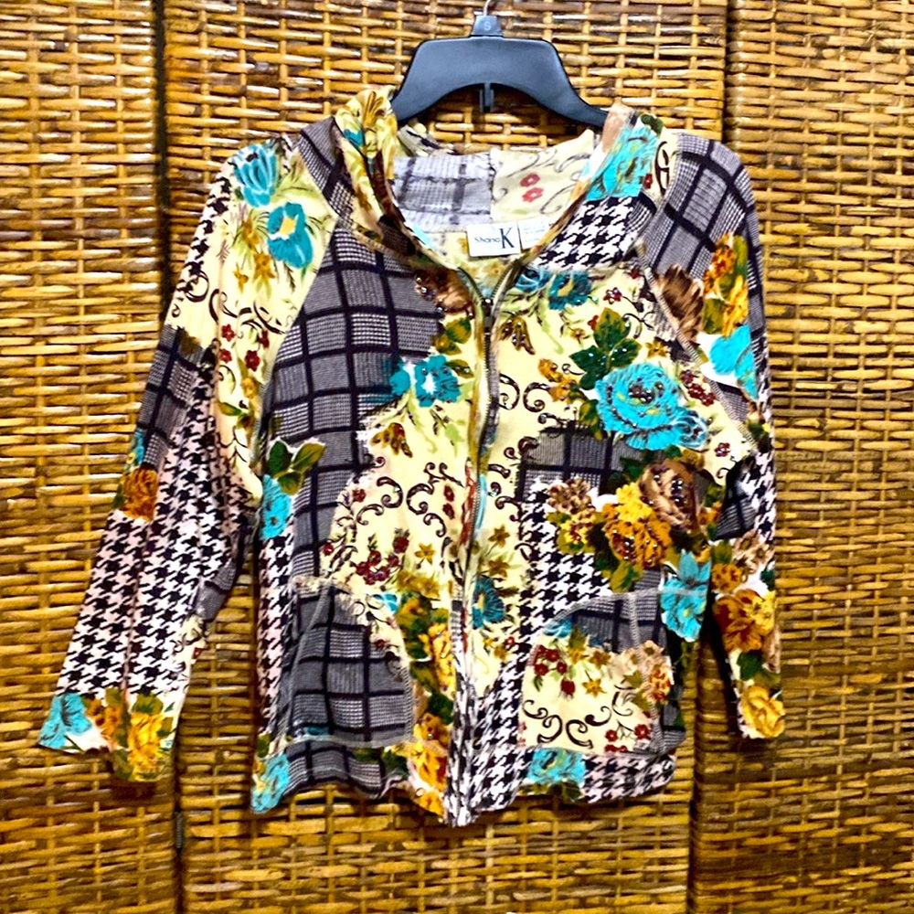 Vintage  Shana K black and cream sequin  embellished zip up jacket with hood L